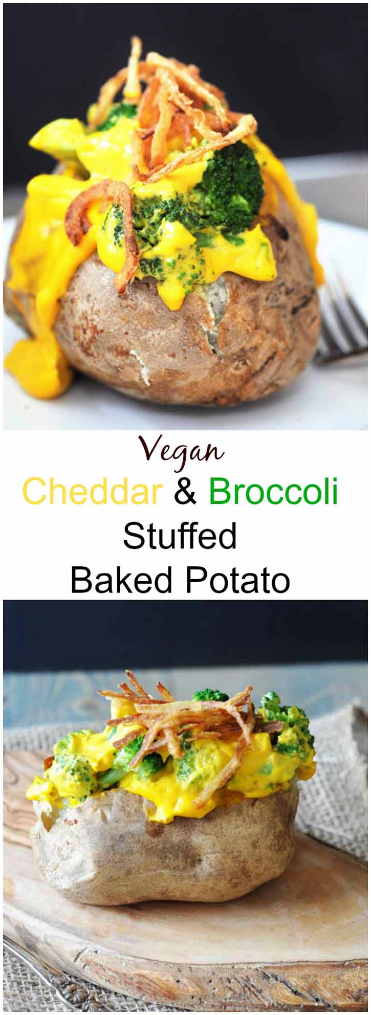 Vegan Cheddar & Broccoli Stuffed Baked Potato! Filled with our 6 Ingredient Vegan Cheddar Cheese Sauce and broccoli. The perfect easy weeknight meal. www.veganosity.com