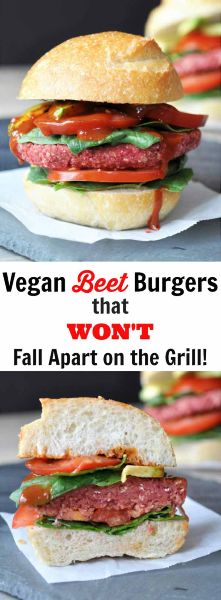 Vegan Beet Burgers that Won't Fall Apart on the Grill! This veggie burger recipe is made with aquafaba. It;s the perfect binder, and it holds the burger together like nothing else does. www.veganosity.com