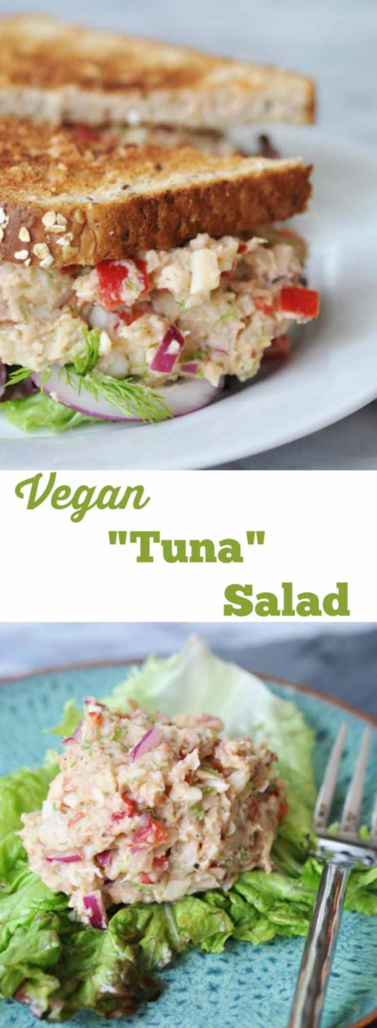 A Pinterest pin for vegan tuna salad with 2 pictures of the salad.