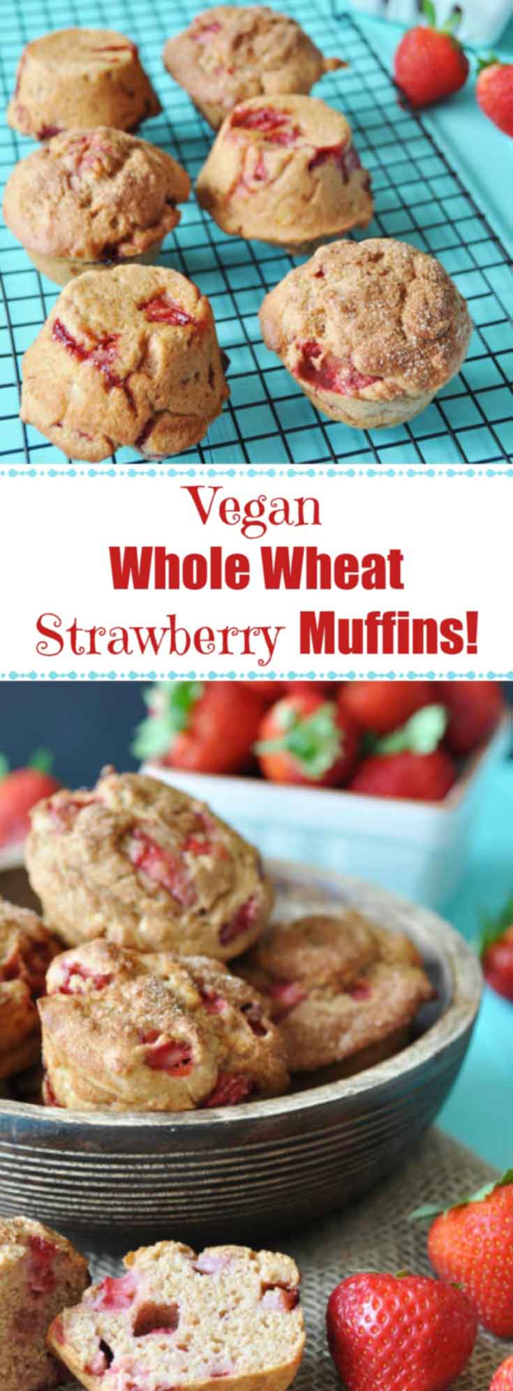 Vegan Whole Wheat Strawberry Muffins! This healthy and delicious recipe is bursting with fresh seasonal strawberries and nutty whole wheat flour. You have to try them. www.veganosity.com