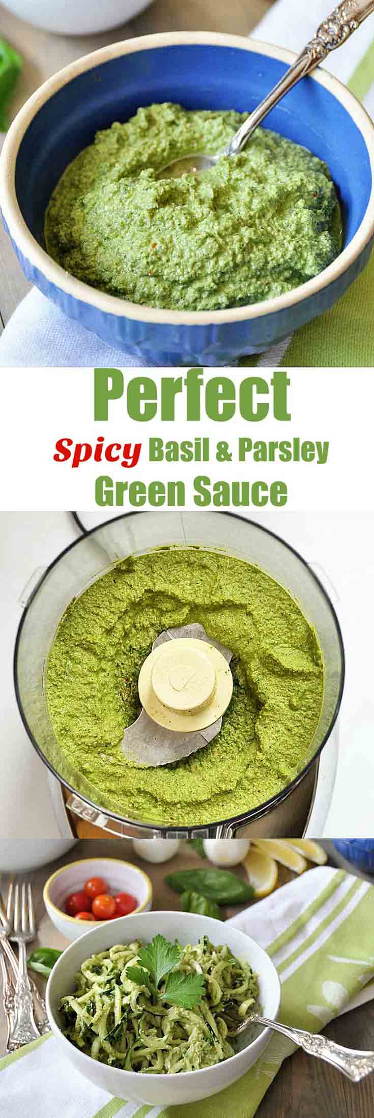 An easy one-step green sauce recipe with fresh basil and parsley! Perfect with zoodles or on a salad or pasta! www.veganosity.com