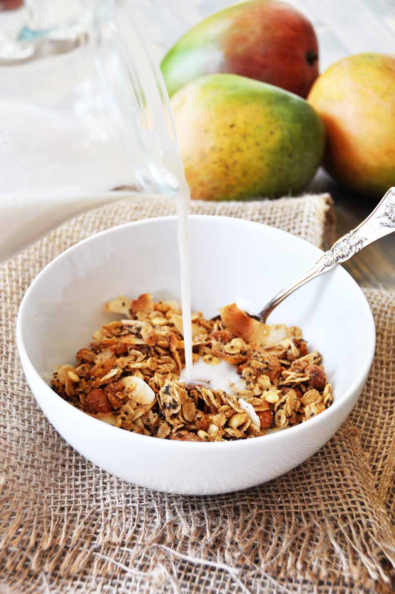 Make your own tropical granola with dried mango, coconut, almonds, watermelon seeds, oats, and chia seeds. SO delicious! www.veganosity.com