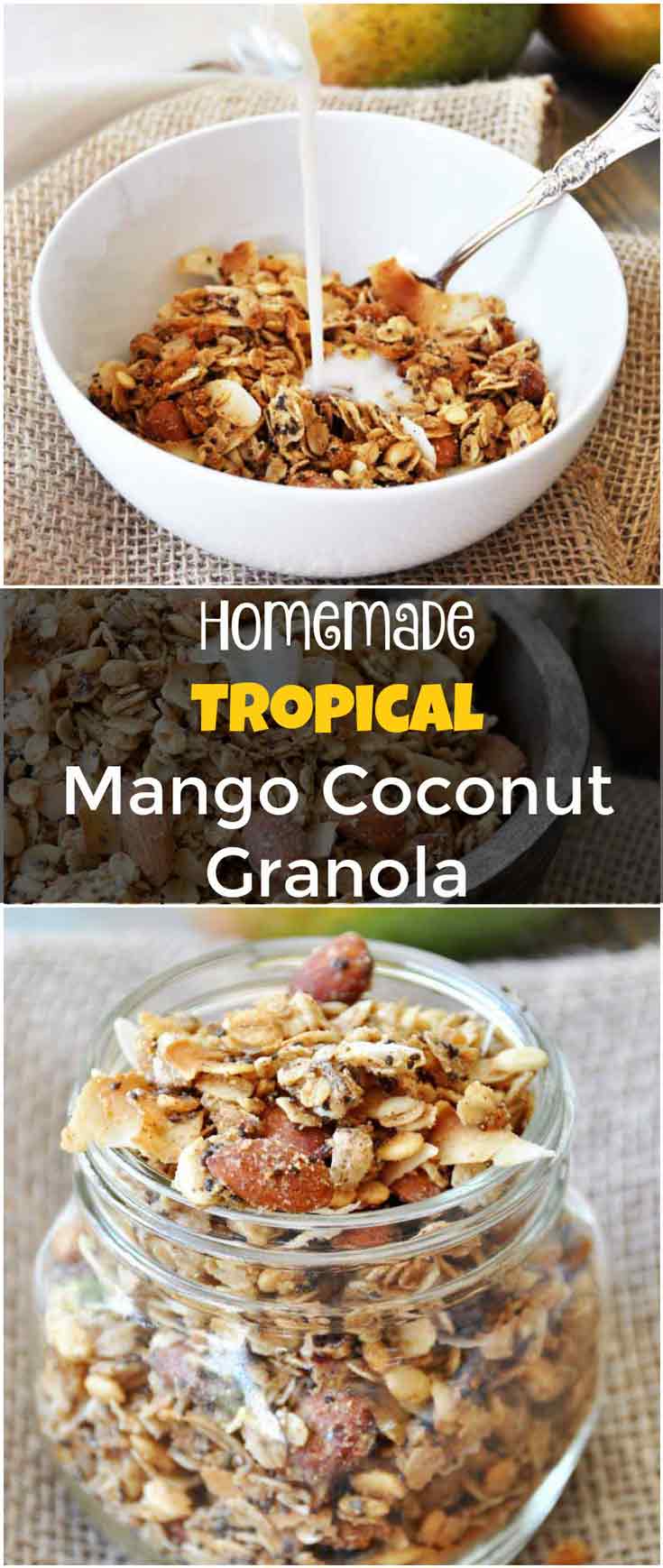 Make your own tropical granola with dried mango, coconut, almonds, watermelon seeds, oats, and chia seeds. SO delicious! www.veganosity.com