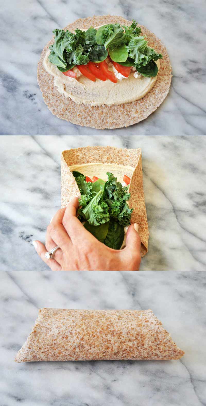 A ridiculously easy wrap stuffed with hummus, vegan ricotta cheese, kale, spinach, and tomato! Take it to work or school, or slice it into rolls for appetizers! www.veganosity.com