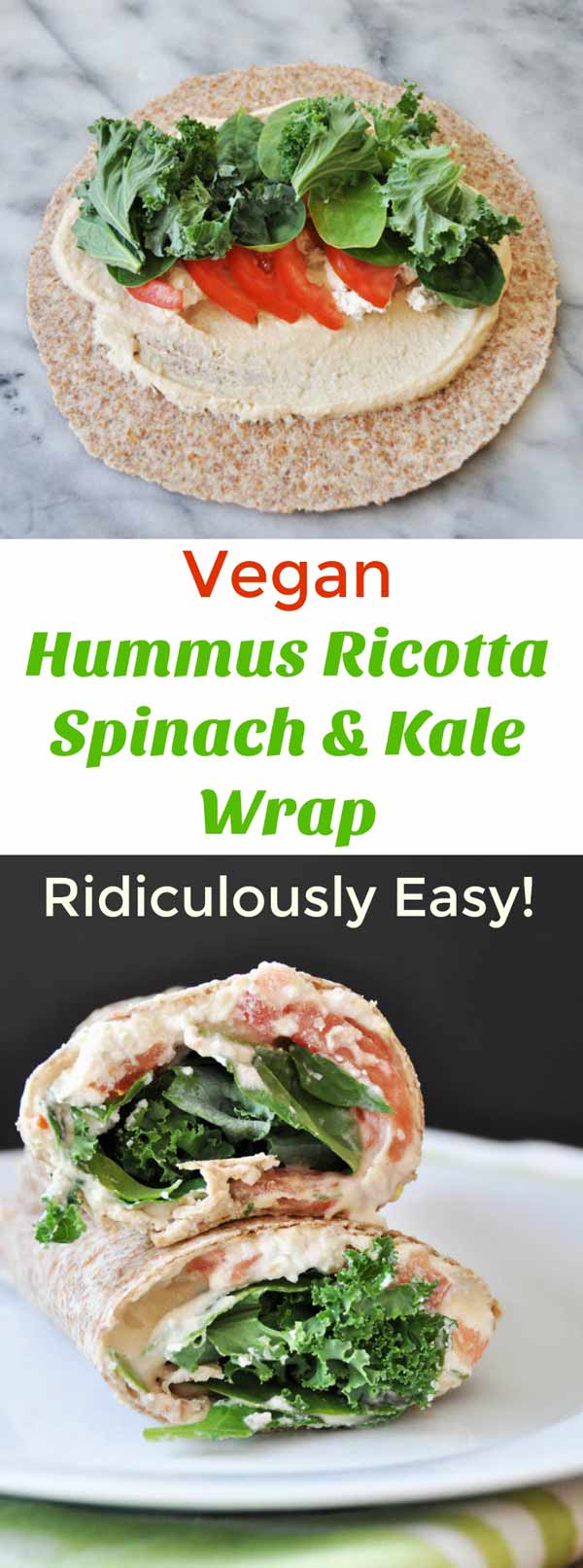 A ridiculously easy wrap stuffed with hummus, vegan ricotta cheese, kale, spinach, and tomato! Take it to work or school, or slice it into rolls for appetizers! www.veganosity.com