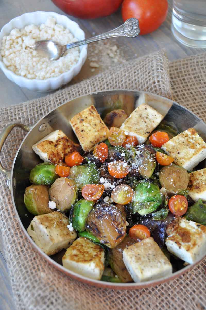 Smoky bacon flavored roasted Brussels sprouts and tofu! The perfect breakfast, lunch, or dinner! www.veganosity.com