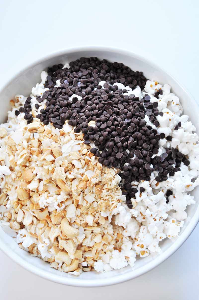 Air popped popcorn blended with peanut butter, chocolate, cashews, and coconut! The perfect snack! www.veganosity.com