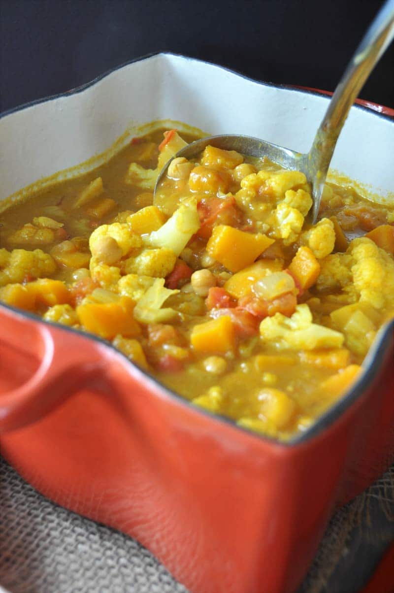 Yellow curry, pumpkin, butternut squash, and chickpeas are what makes this stew hearty, satisfying, and healthy. The aromatic spices make it incredible. www.veganosity.com