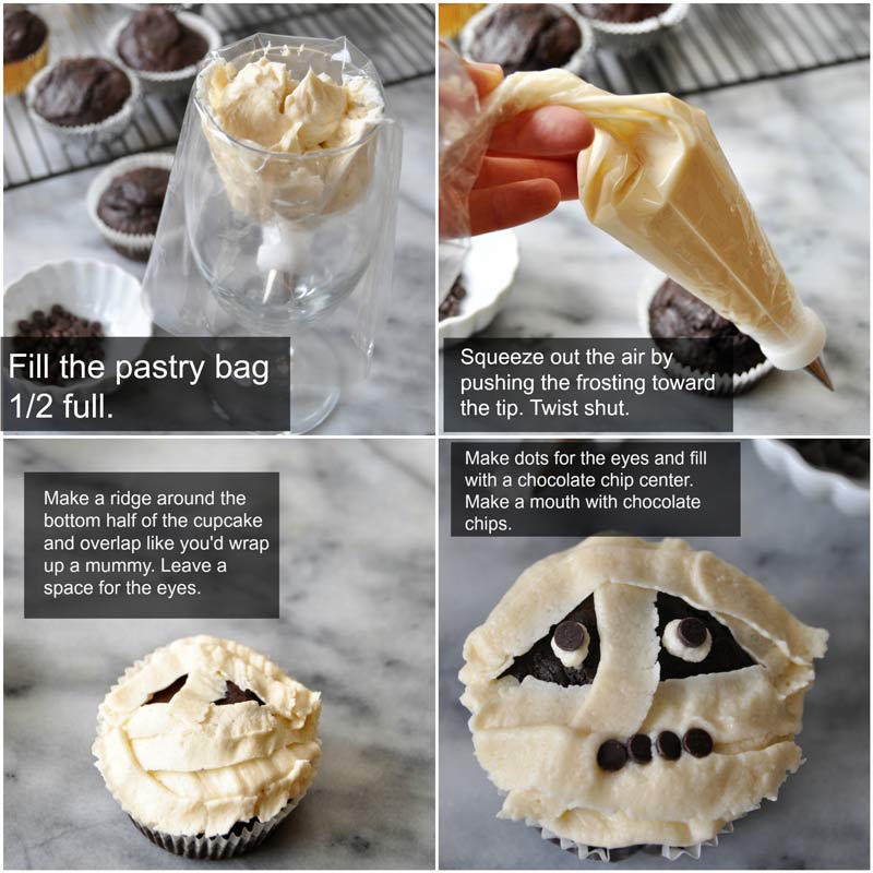 Vegan chocolate cupcakes with vanilla buttercream frosting, decorated like mummies! A perfect Halloween dessert recipe! www.veganosity.com