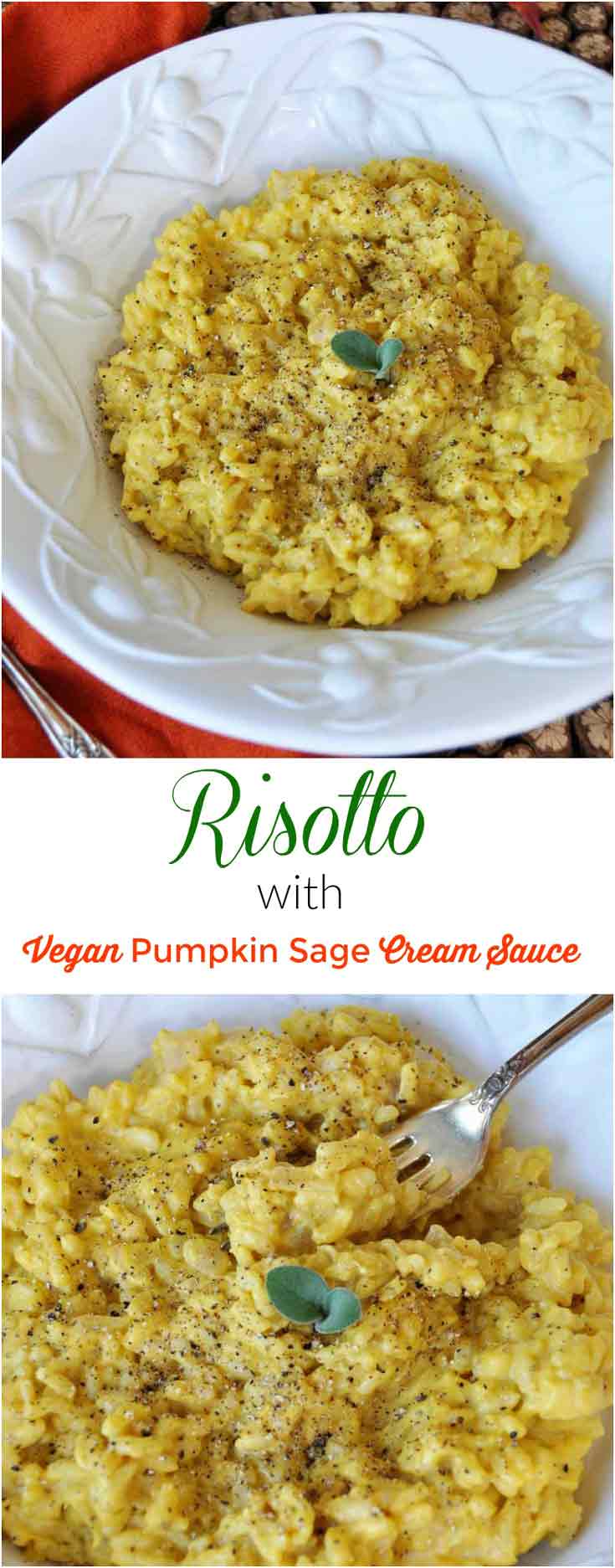 Creamy pumpkin sage cream sauce in chewy risotto. The ultimate comfort food recipe! www.veganosity.com
