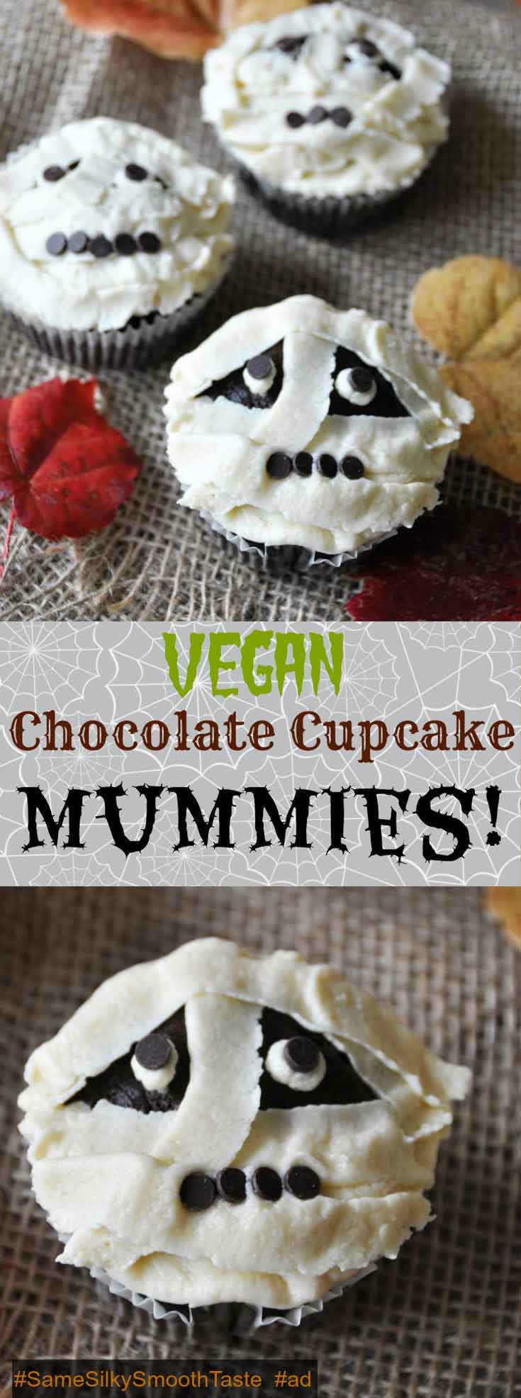 Vegan chocolate cupcakes with vanilla buttercream frosting, decorated like mummies! A perfect Halloween dessert recipe! @Silk @Walmart #SameSilkySmoothTaste #ad www.veganosity.com