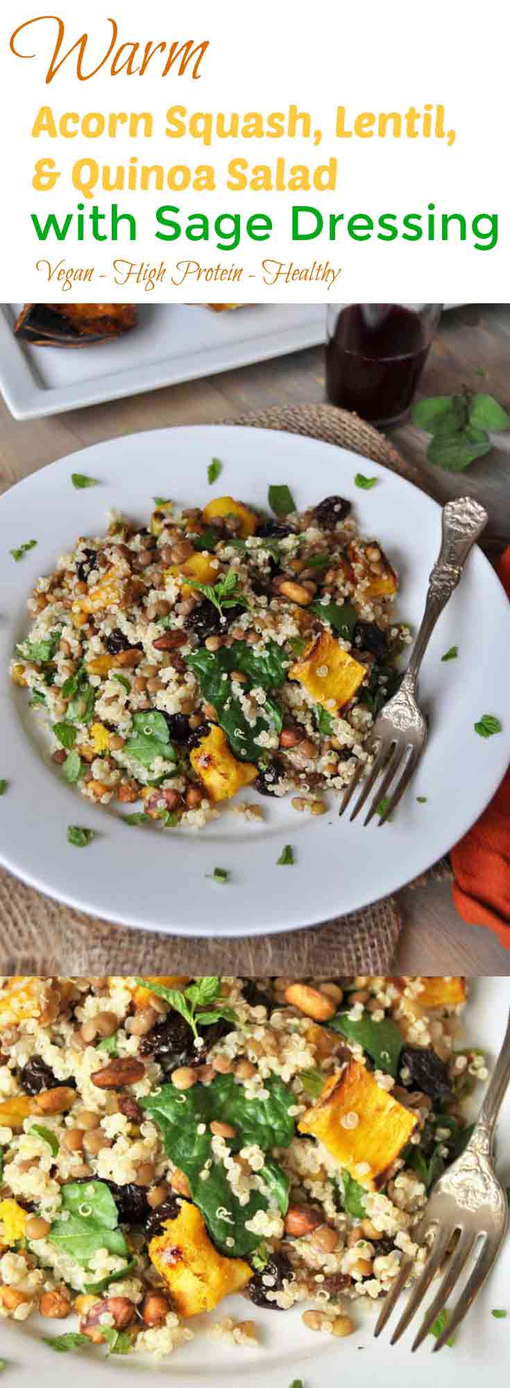 This warm salad with roasted acorn squash, lentils, quinoa, and sage dressing is perfect for fall! www.veganosity.com