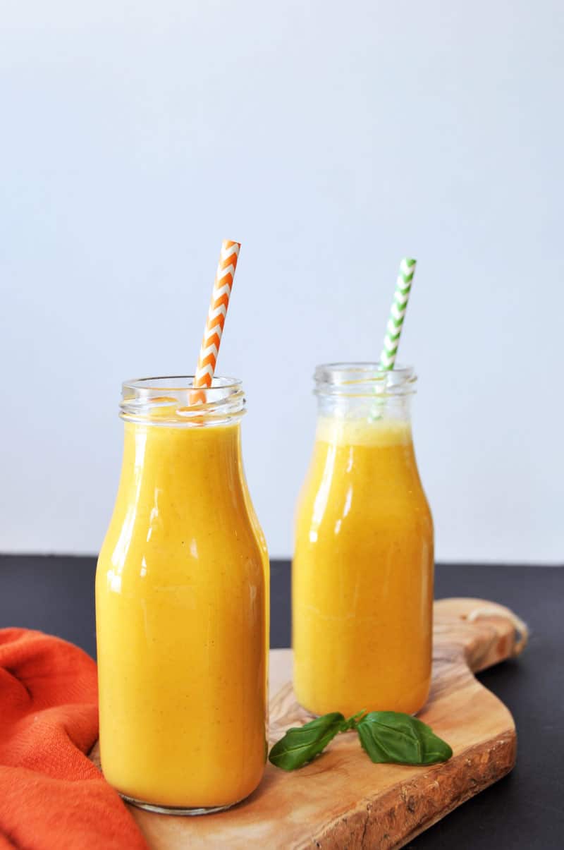 A delicious, creamy, antioxidant filled vegan smoothie recipe with carrots, turmeric, and ginger! So healthy! www.veganosity.com