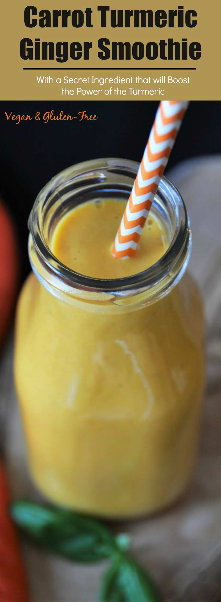 A delicious, creamy, antioxidant filled vegan smoothie recipe with carrots, turmeric, and ginger! So healthy! www.veganosity.com