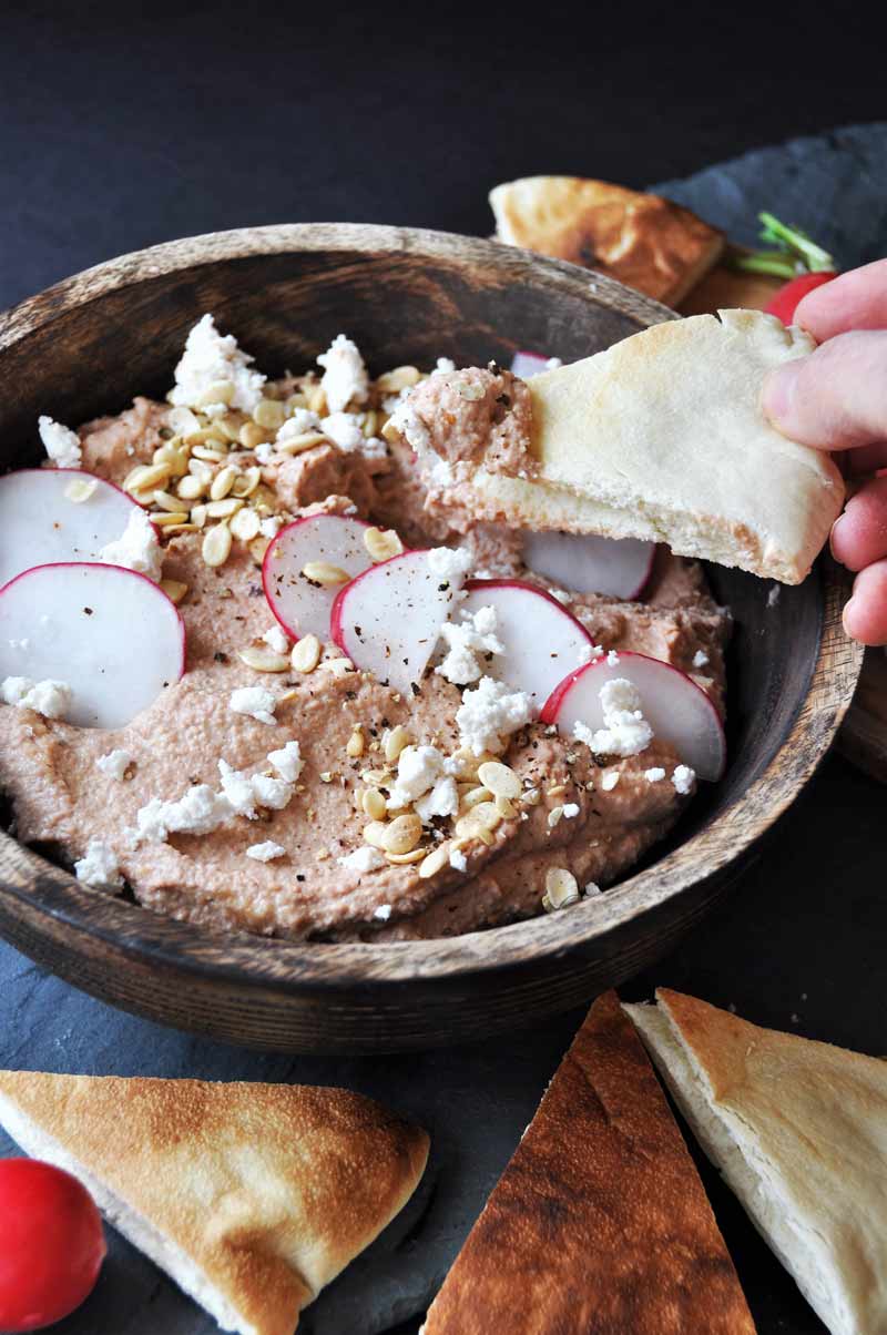 Tahini and roasted beet hummus! Vegan, gluten-free, and healthy. A high protein recipe. www.veganosity.com