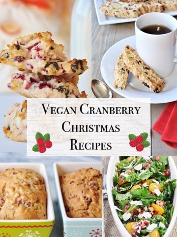 Vegan Cranberry Recipe Title with pictures of vegan cranberry quickbread, vegan cranberry salad, vegan cranberry macaroons, and vegan cranberry biscotti