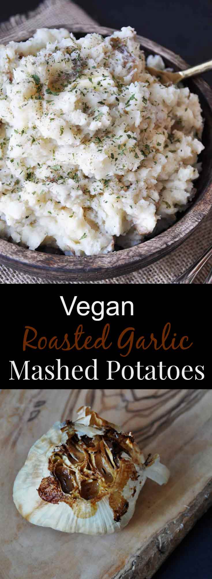 Dairy-free vegan roasted garlic mashed potatoes! A true crowd pleaser! www.veganosity.com