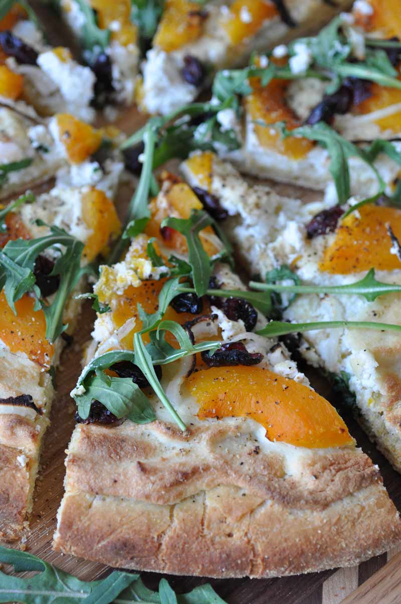 Butternut squash and vegan almond ricotta pizza! A delicious whole food plant-based healthier fall and winter vegetable pizza.