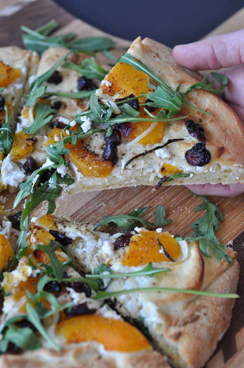 Butternut squash and vegan almond ricotta pizza! A delicious whole food plant-based healthier fall and winter vegetable pizza.