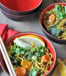 Vegan & Gluten-Free ramen noodle soup filled with delicious flavors and veggies! So healthy with anti-inflammatory turmeric and ginger! www.veganosity.com