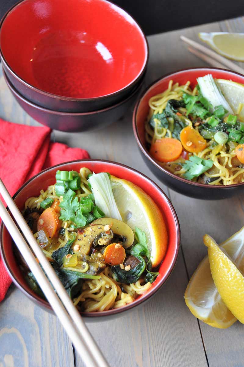 Vegan & Gluten-Free ramen noodle soup filled with delicious flavors and veggies! So healthy with anti-inflammatory turmeric and ginger! www.veganosity.com