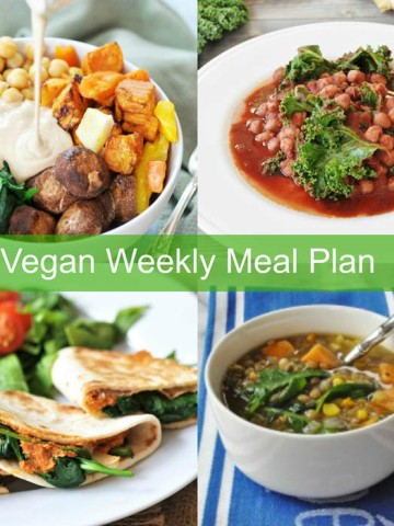 Vegan Weekly Meal Plan Collage with a root vegetable bowl, chickpeas marsala, quesadillas, and soup