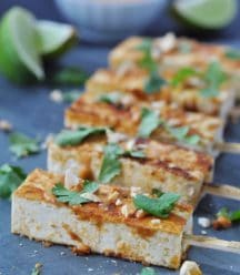 Vegan Peanut Sriracha Glazed Tofu Satay! An easy, quick, and healthy appetizer for your next get together.