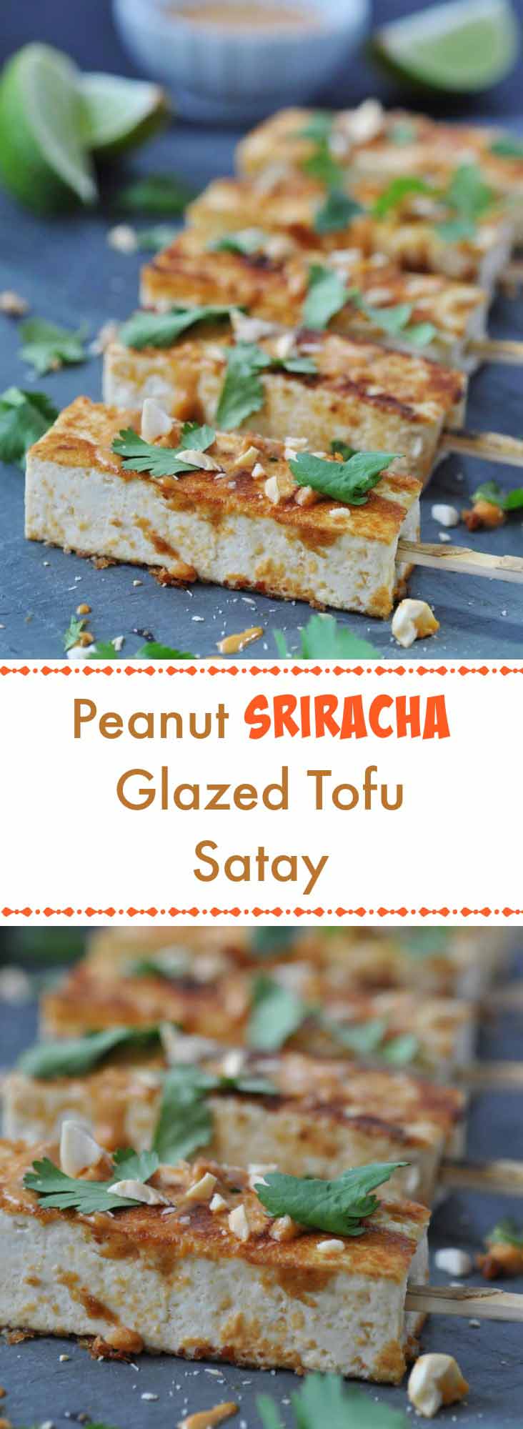 Vegan Peanut Sriracha Glazed Tofu Satay! An easy, quick, and healthy appetizer for your next get together.