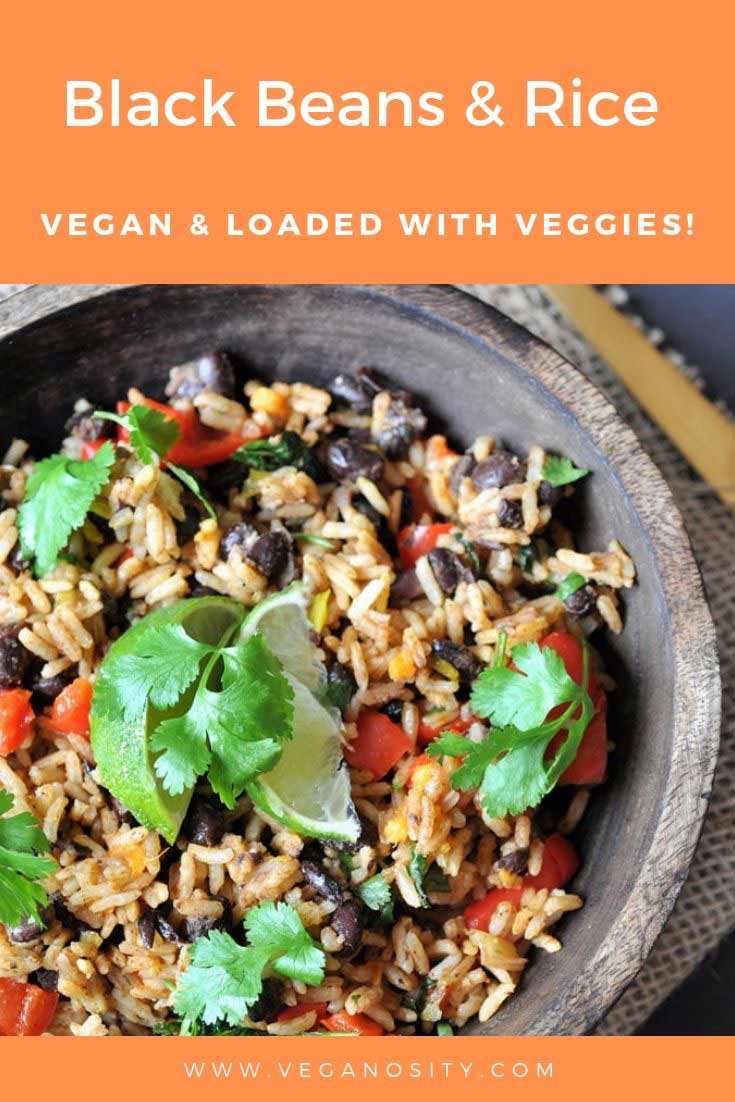 A Pinterest pin with an orange background and a picture of a wood bowl with black beans and rice with veggies.