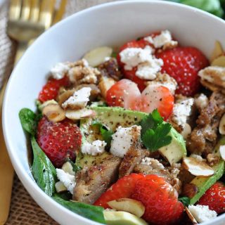 Fresh strawberries, avocado, spinach, and seitan chicken salad! Healthy, vegan, and dairy-free, perfect for a quick lunch.