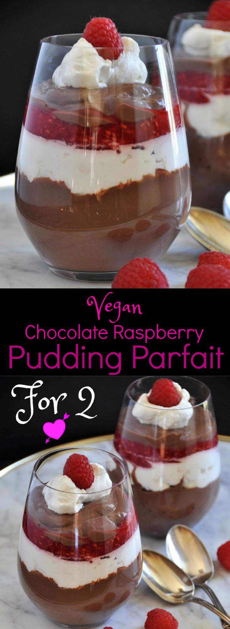 Vegan chocolate pudding, raspberry puree, and vegan whipped cream. A refined sugar-free, dairy-free, and egg-free dessert! 