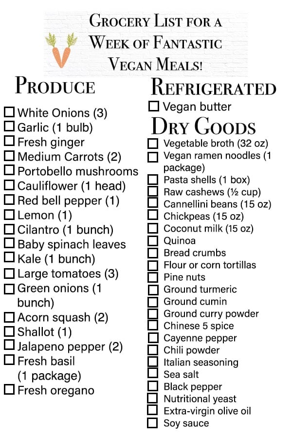 vegan weekly meal plan grocery list with checklist