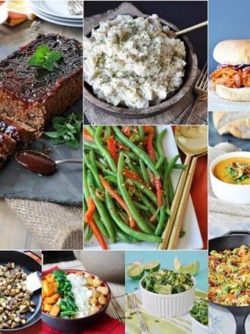 A healthy vegan weekly meal plan with a shopping list! Vegan meatloaf, green beans, mashed potatoes, soup, and salads