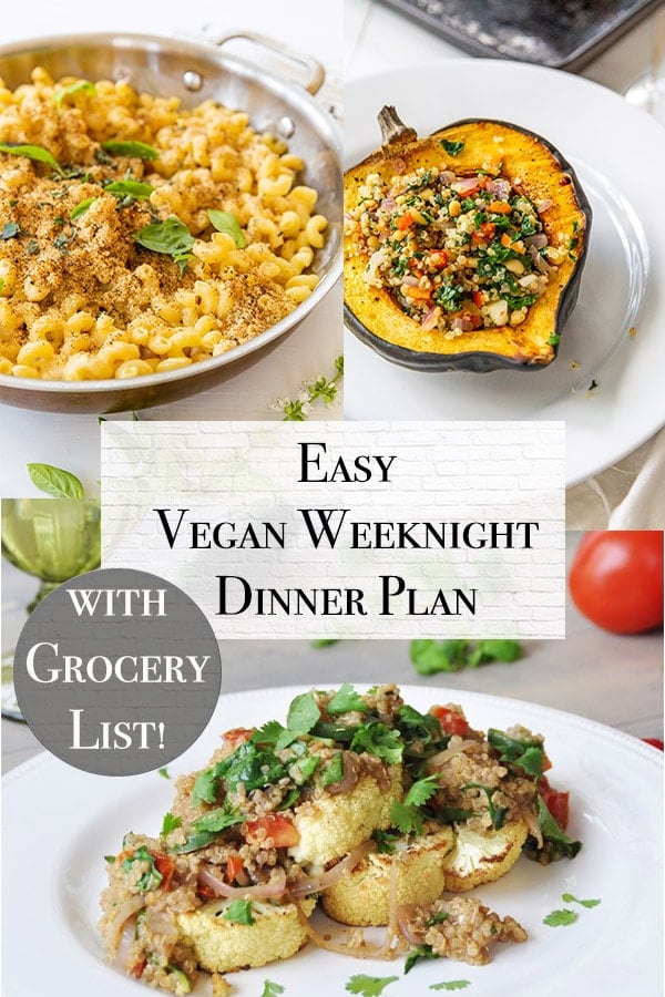 week night meal plan title all vegan with vegan mac n cheese, roasted cauliflower, and stuffed butternut squash