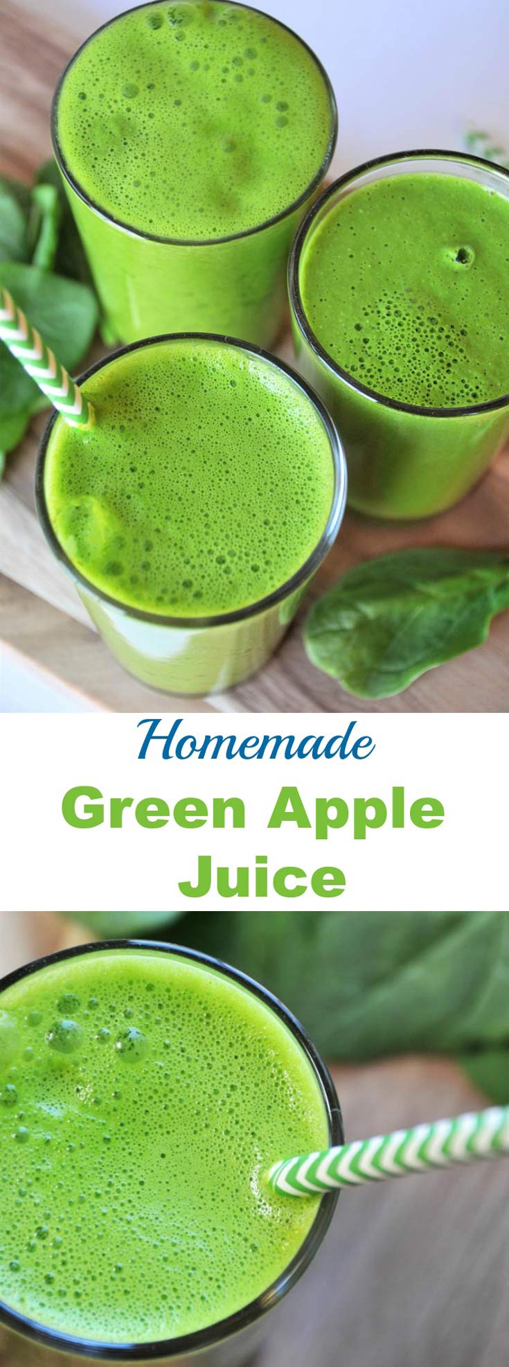 5 ingredient homemade green juice with spinach, apple, lemon, and turmeric. A healthy and tasty way to drink your veggies.