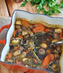 Vegan beef (Irish) Stew is so flavorful and so much healthier! Made with mushrooms, carrots, and potatoes. The perfect winter or St. Patrick's Day dinner.