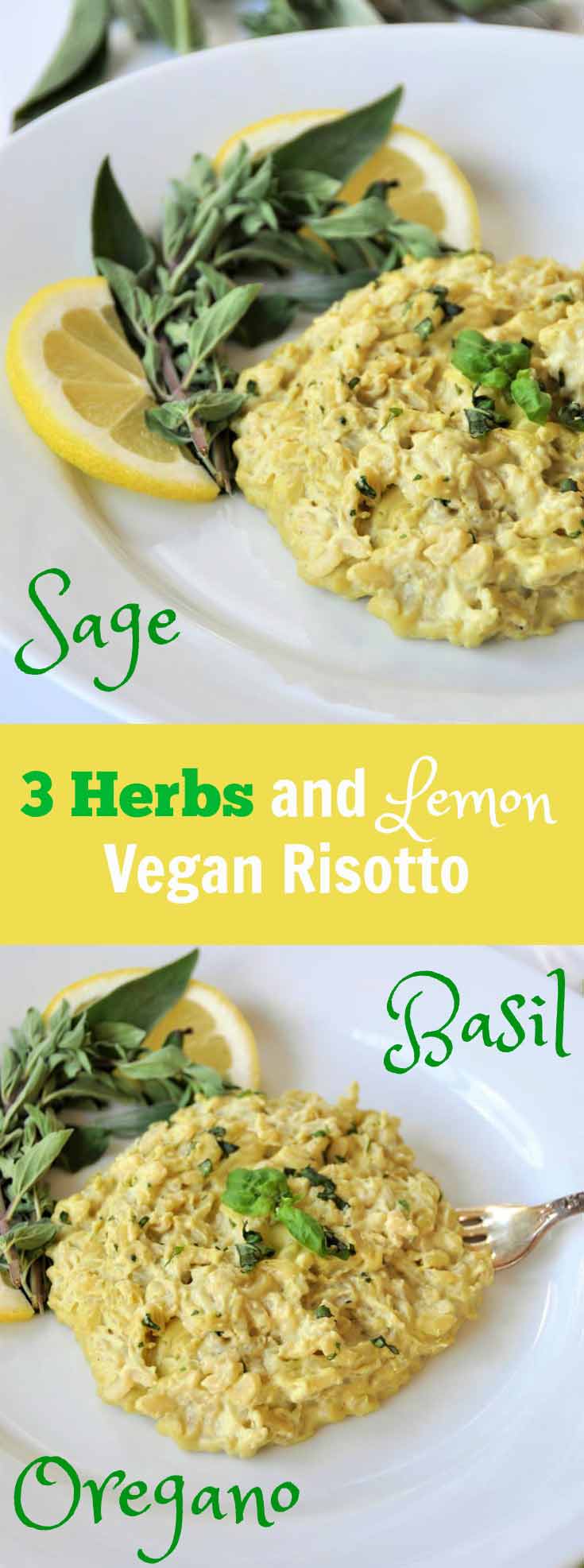 Creamy lemon and herb risotto. Vegan! Made with fresh oregano, sage, basil, and lemon. The perfect spring dinner.