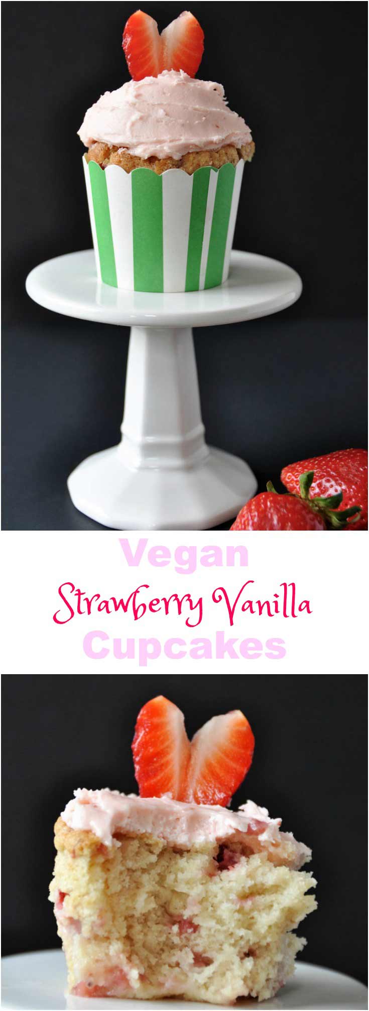 Homemade vegan strawberry vanilla cupcakes. Light and fluffy and made with fresh berries.