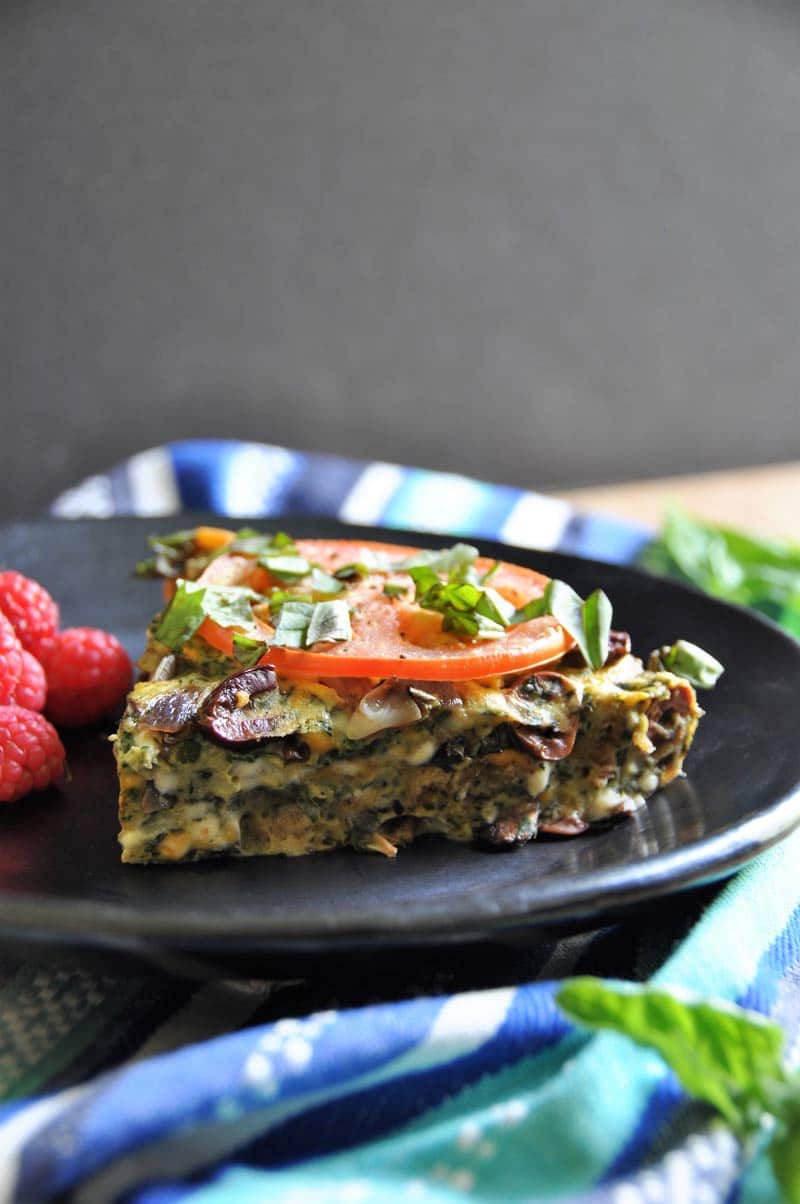 Delicious vegan veggie and herb frittata! Made with Vegan Egg and Daiya Cheese.