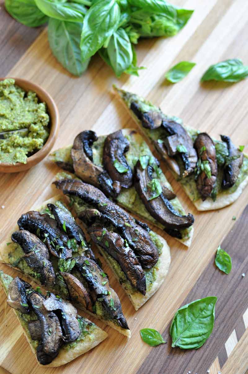 Savory and delicious homemade vegan pesto & Portobello mushroom flatbread.