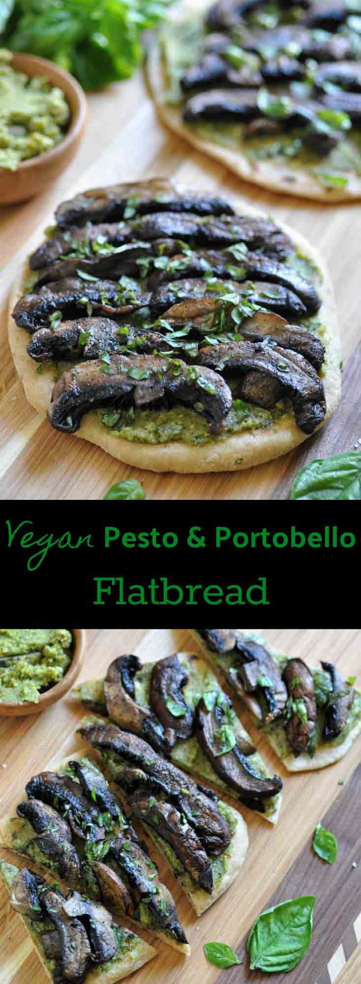 Homemade flatbread smothered in pesto and Portobello mushrooms. A delicious, healthy, and easy dinner.