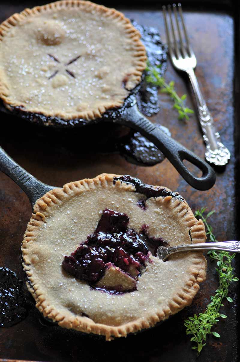 Blueberry Thyme Skillet Pie! Made in an iron skillet for a delicious and rustic dessert.
