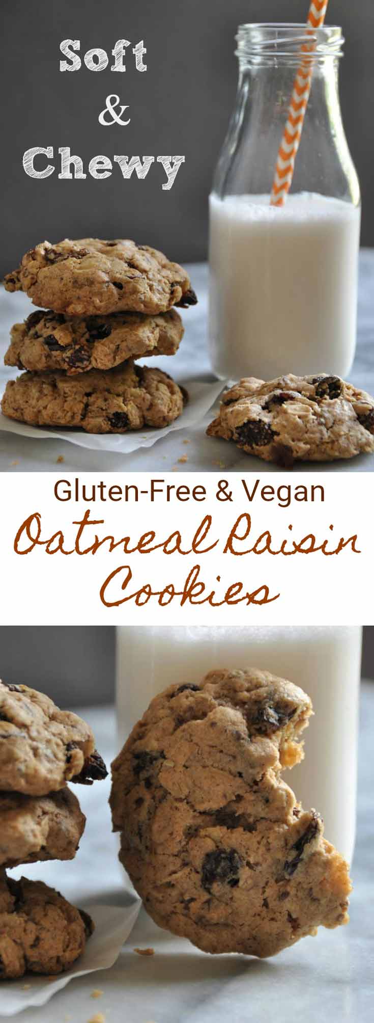 Soft and chewy classic oatmeal raisin cookies. Gluten-free, refined sugar-free, and vegan!