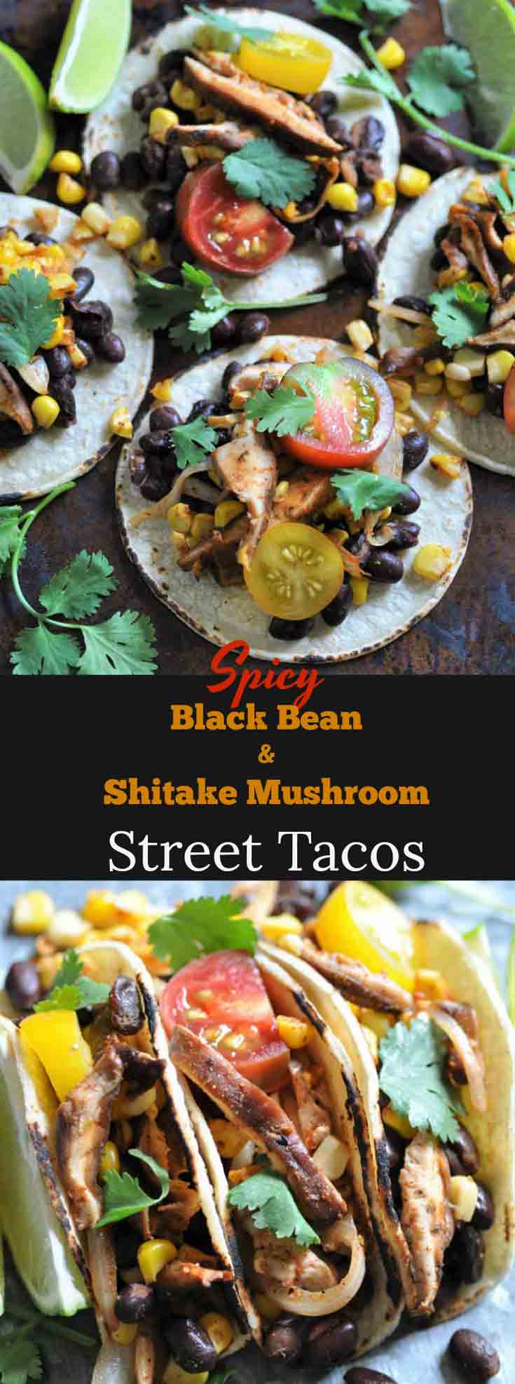 Black bean, corn, & shitake mushroom street tacos! The perfect appetizer or meal.