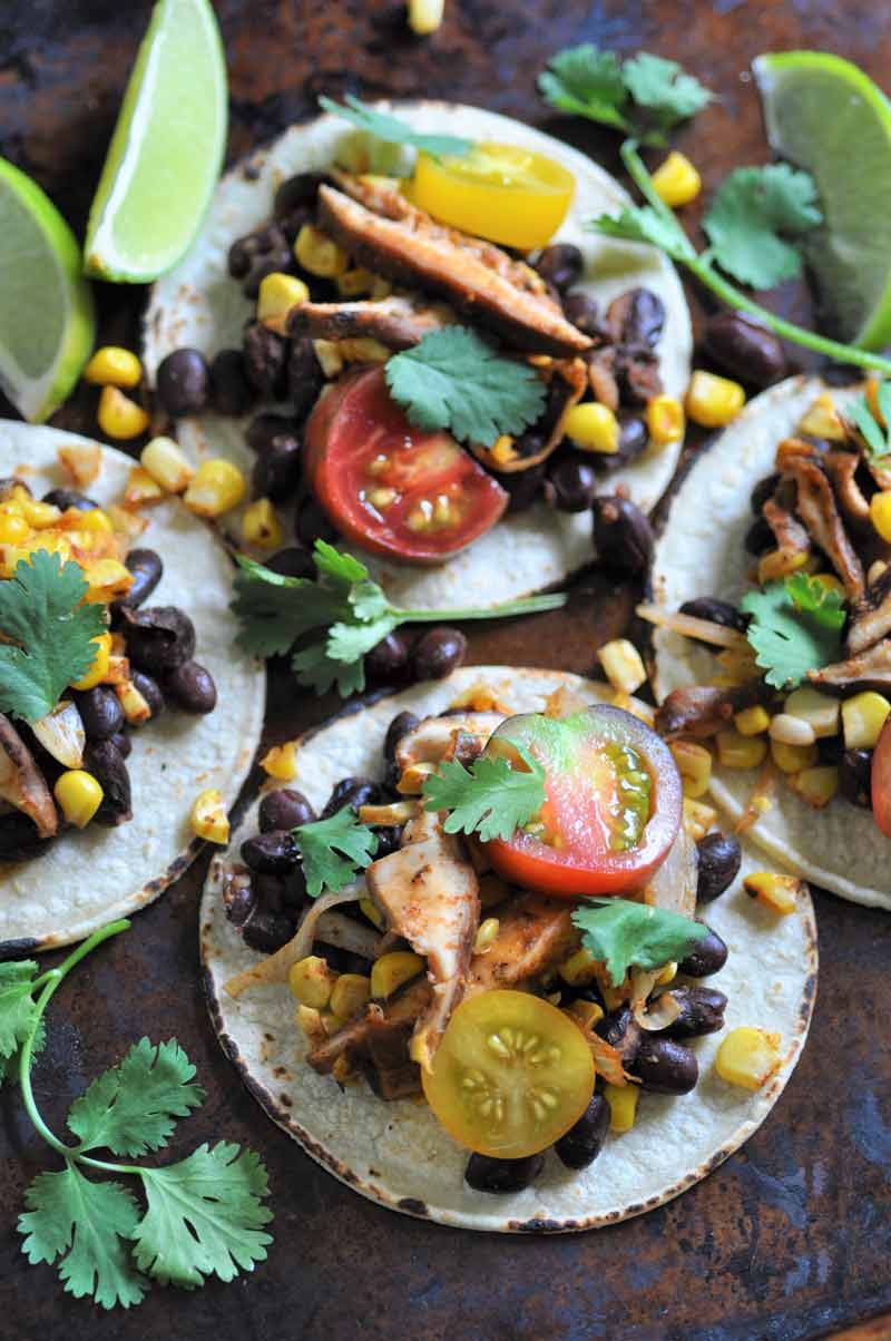 Street Tacos! Made with black beans, corn, & shitake mushrooms. A great appetizer or meal.