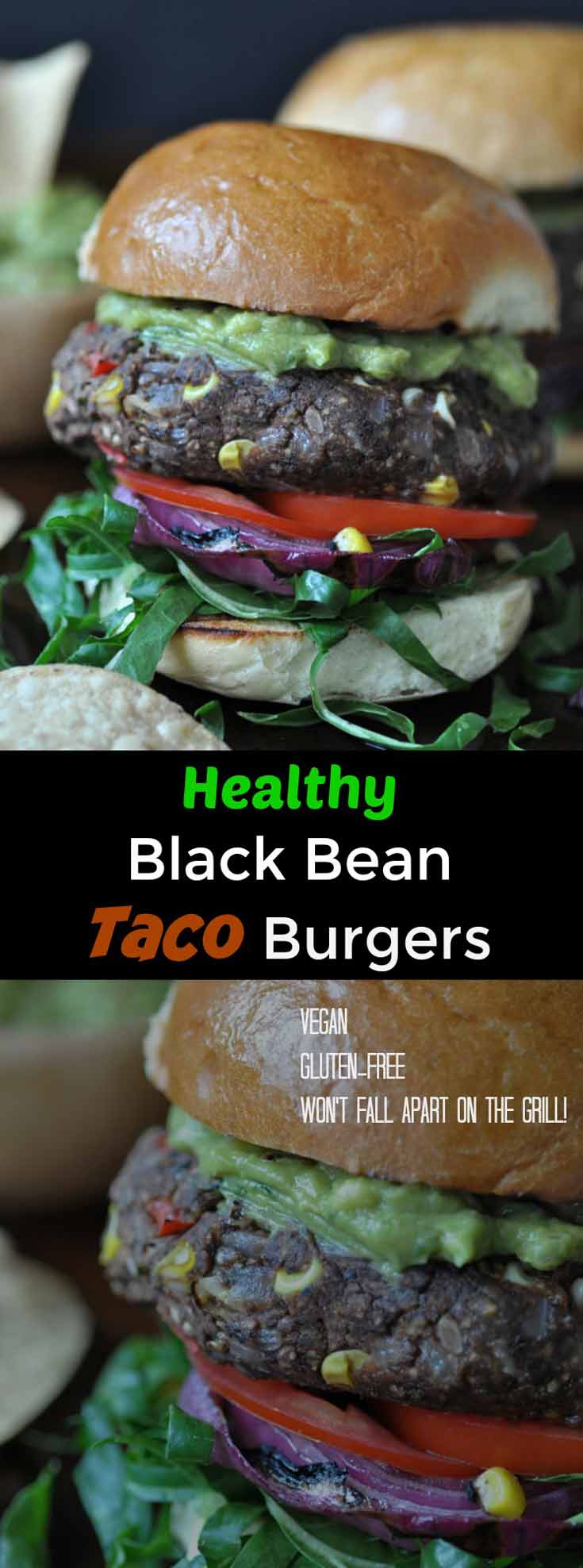 A Pinterest pin for black bean tacos with 2 pictures of the burgers. 