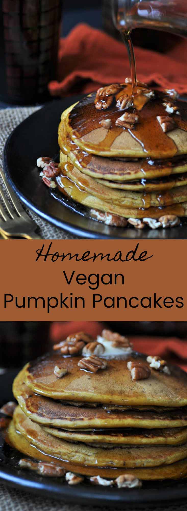 Vegan Pumpkin Pancakes! The perfect fall breakfast. Sprinkle with pecans and serve for your holiday meal.