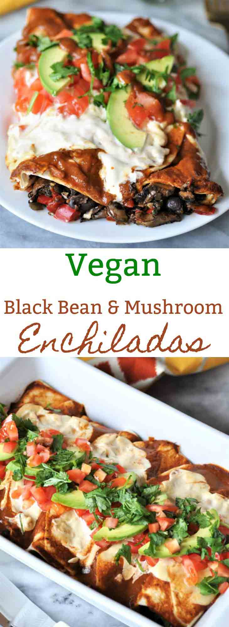 Vegan black bean & mushroom enchiladas with homemade enchilada sauce and cashew cream. The perfect Mexican dinner.