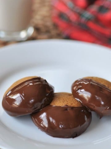 Three chocolate dipped ginger cookies overlapping on a white plate.