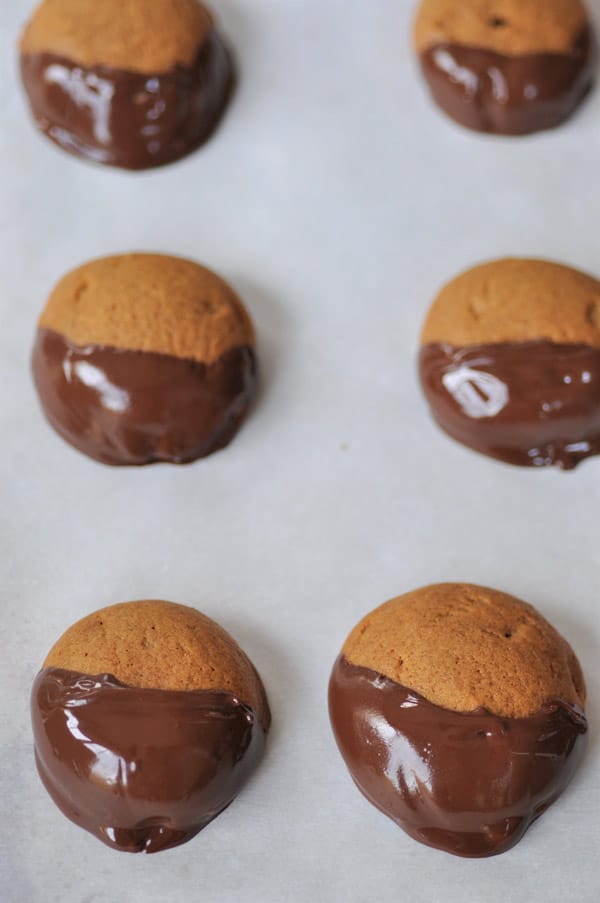Six chocolate dipped ginger cookies cooling on a sheet of white parchment paper